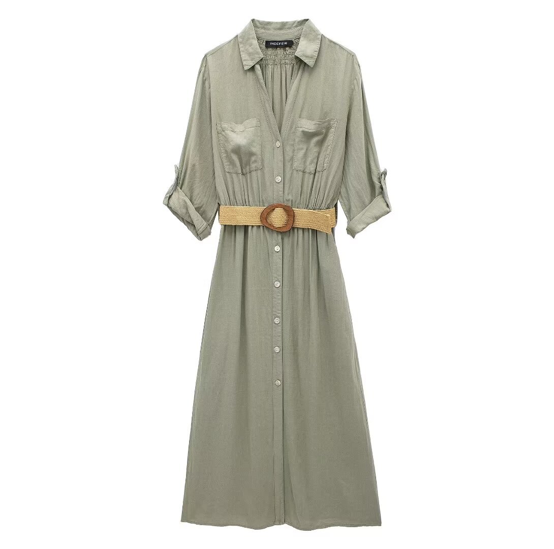 Women's Belted Shirt Dress with Pleated A-Line Skirt