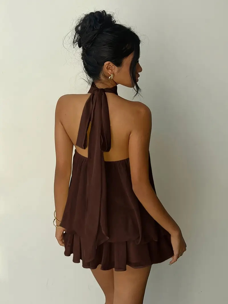 Solid Halter Open-Back Fitted Top Puff Mini Dress