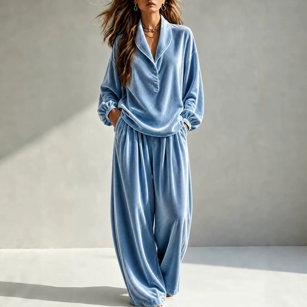 Velvet Long Sleeve Collared Top and Wide-Leg Pants Set