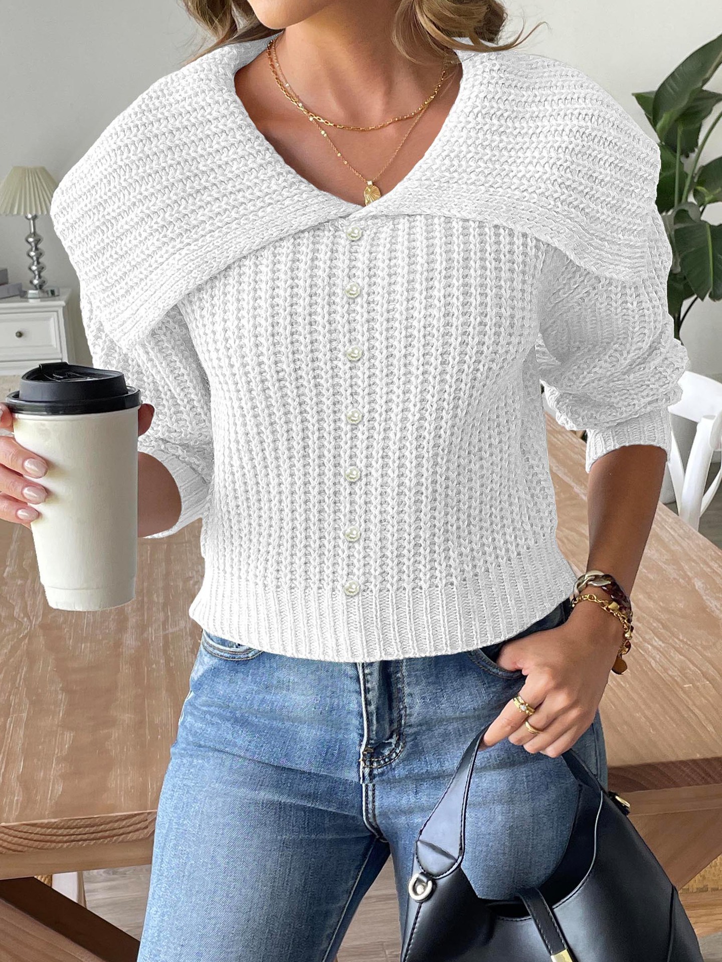Women's Pearl Beaded Sweater with Large Lapel Collar