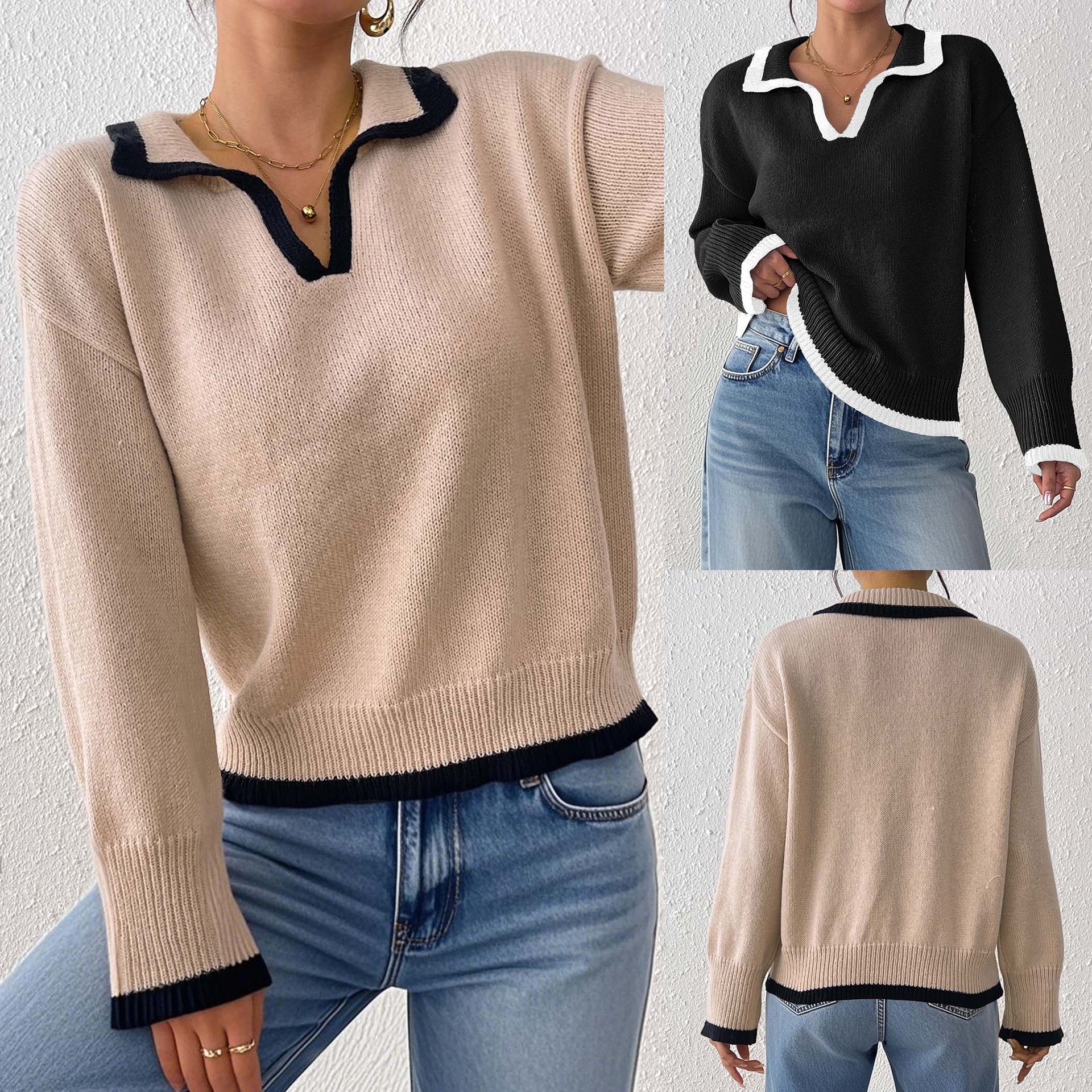 Women's Color-Block Polo Collar Pullover Sweater