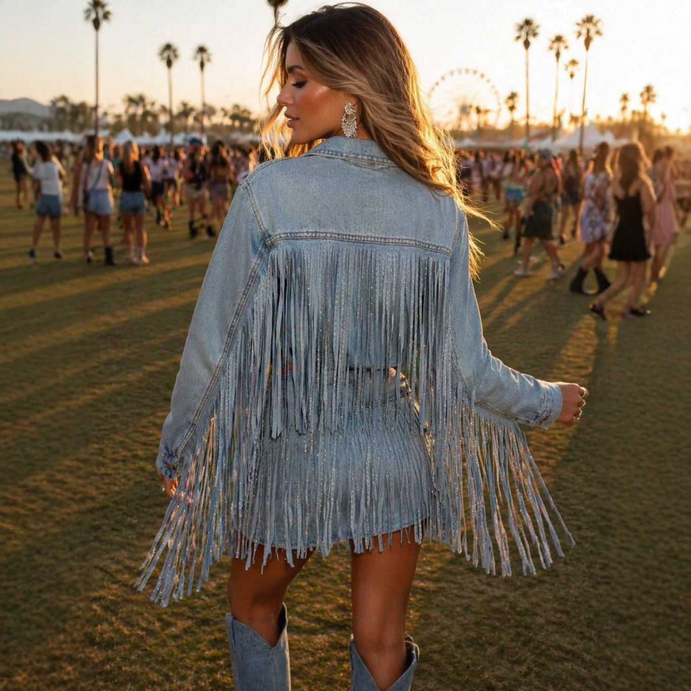 Washed Distressed Rhinestone Fringe Denim Skirt Set