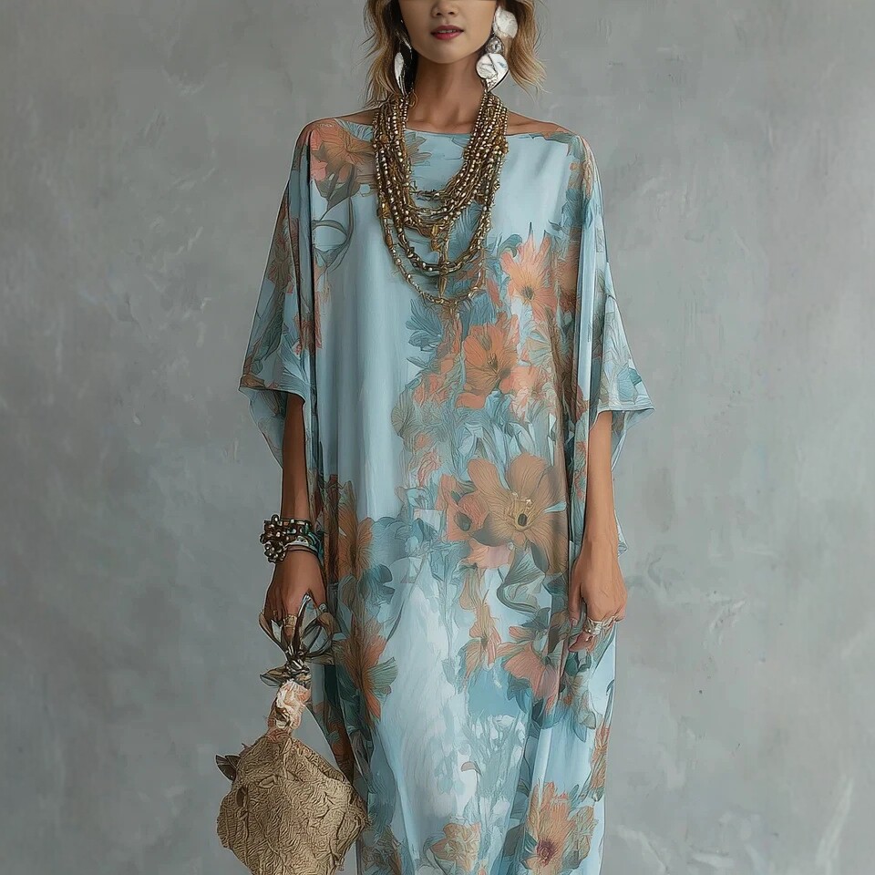 V-Neck Ruffle Waist Floral Print Maxi Dress