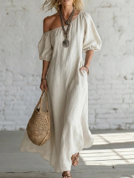 Off-Shoulder Cloud Cotton Puff Sleeve Loose Flowy Maxi Dress
