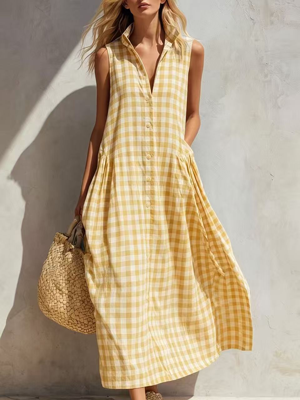 Women's Summer Sleeveless Plaid A-Line Midi Dress Loose Fit