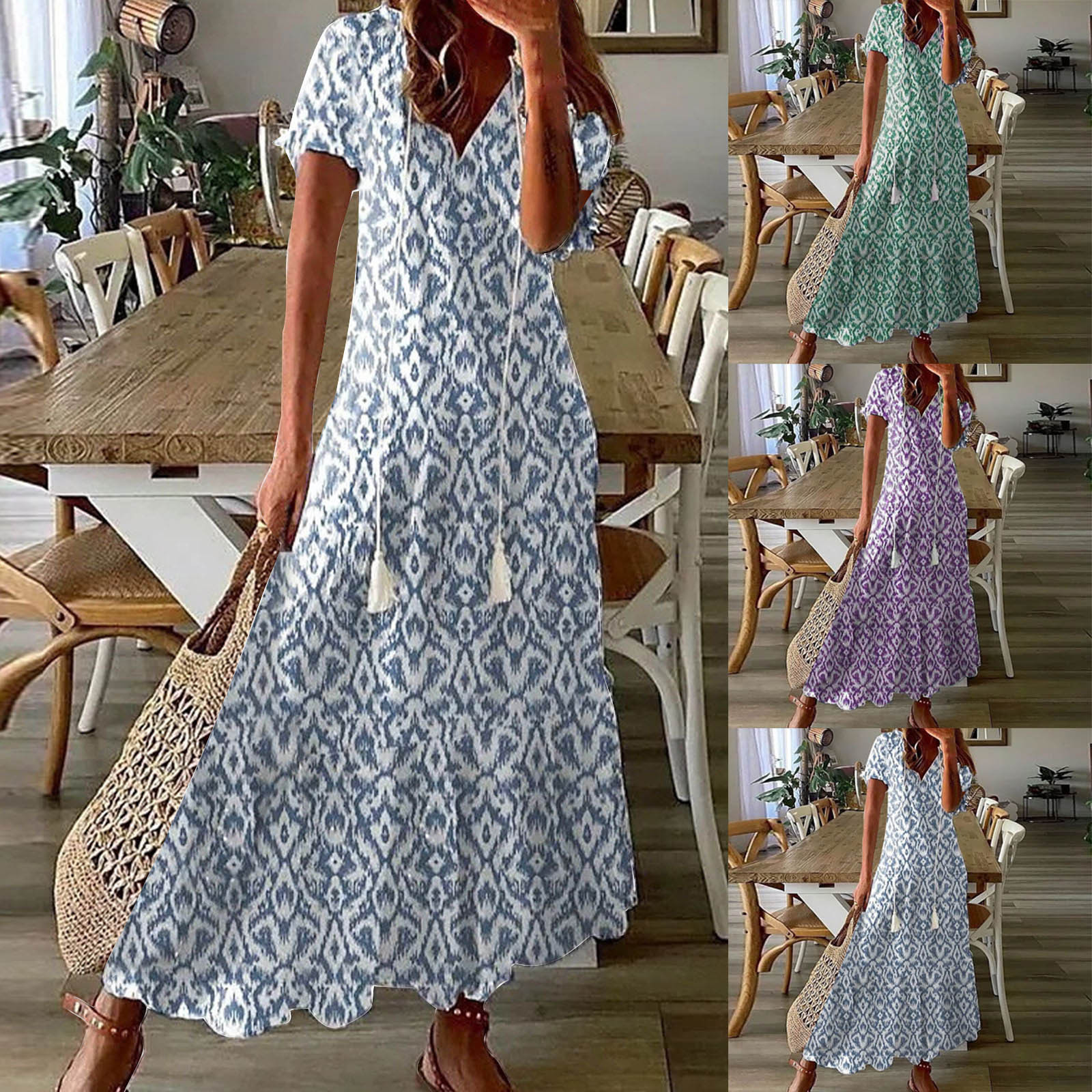 Women's Floral Midi Dress V-Neck A-Line Short Sleeve Loose Fit