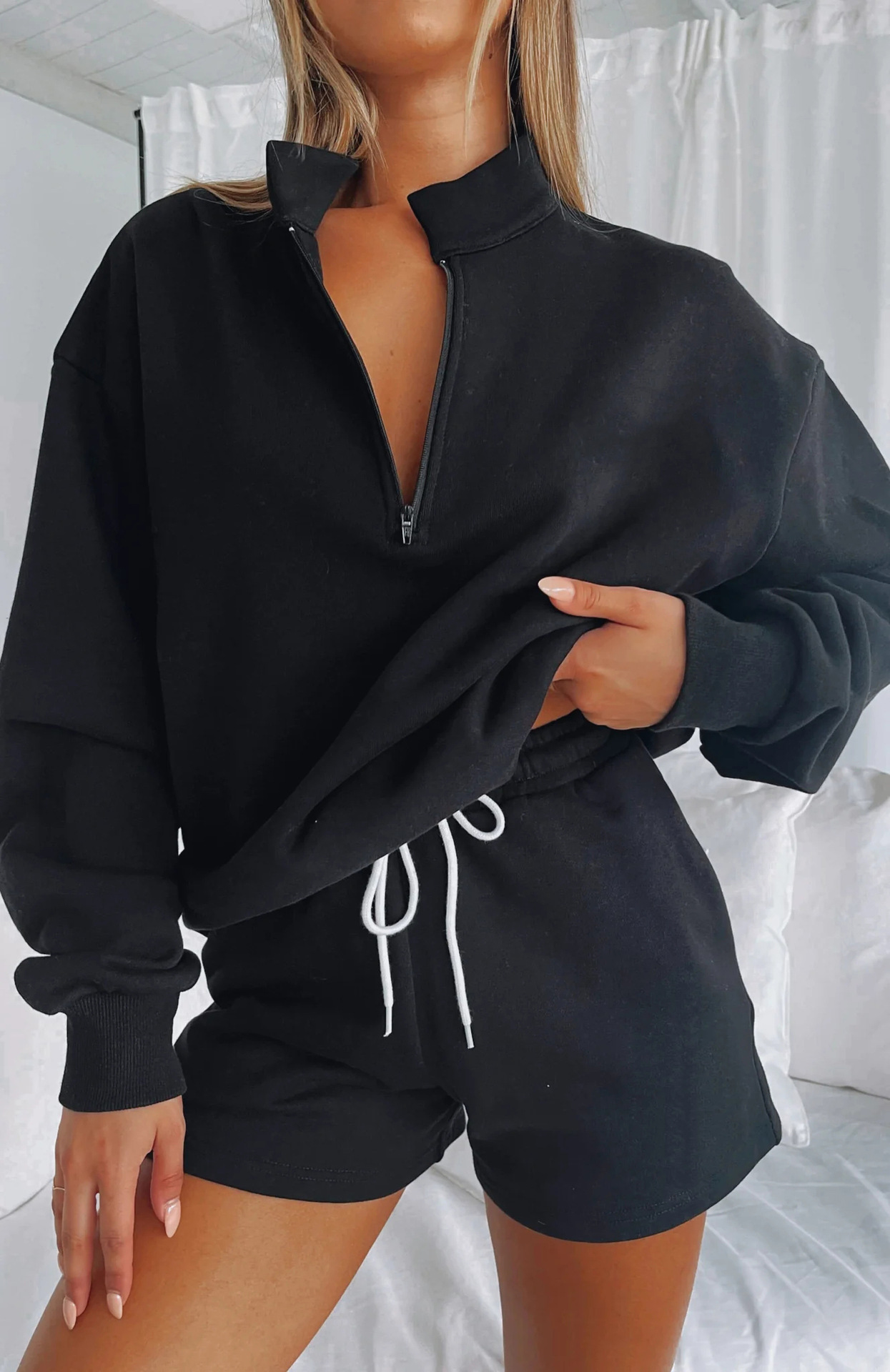 Women's Solid Zip Pocket Hoodie and Shorts Set