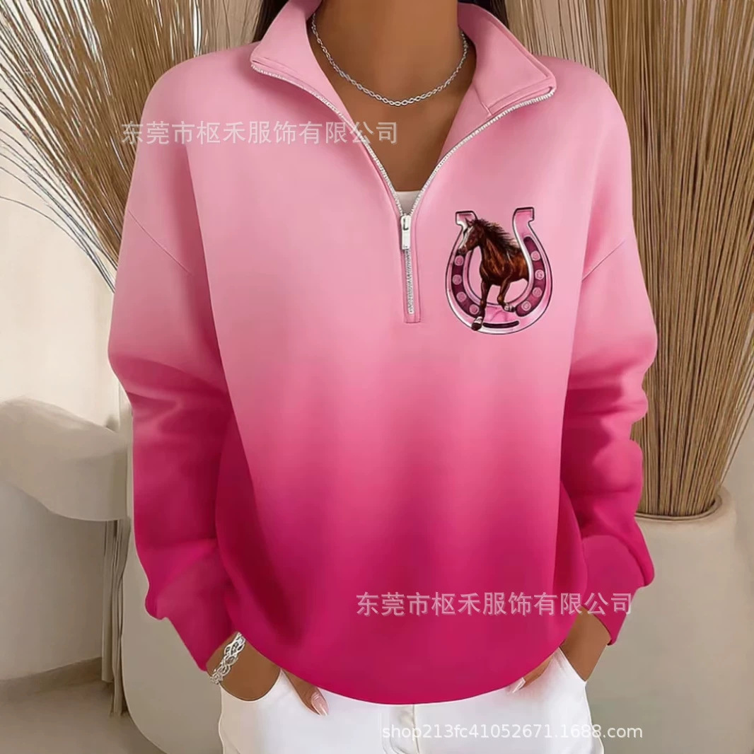 Women's Half-Zip Horse Track Print Hoodie