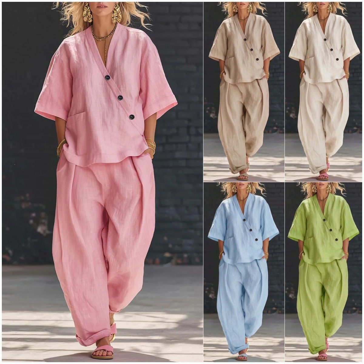 Women's Solid V-Neck Loose Short-Sleeve Top and Pants Set