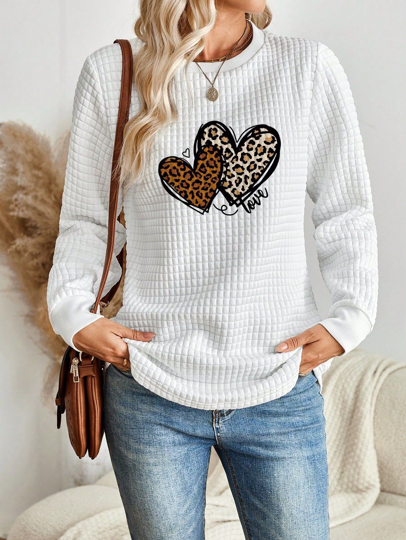 Waffle Knit Heart Print Crewneck Sweatshirt for Women