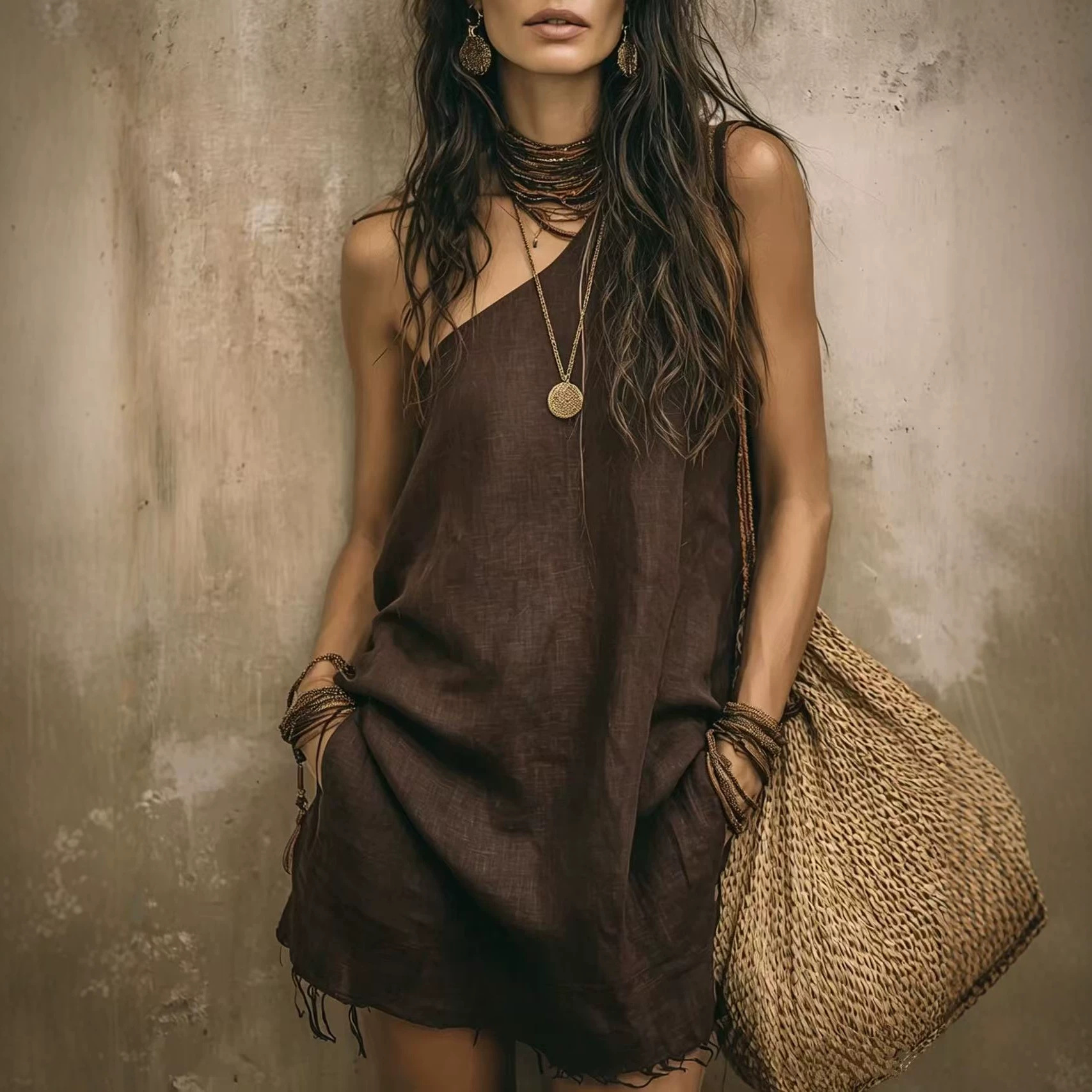 Retro Sleeveless One-Shoulder Solid Boho Fringe Mini Dress