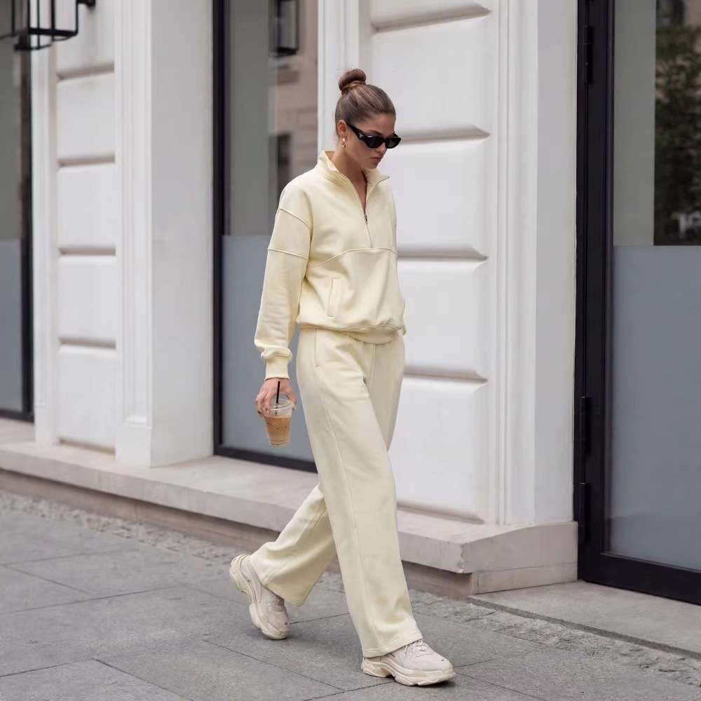American Retro Half-Zip Stand Collar Sweatshirt & Wide-Leg Pants Set