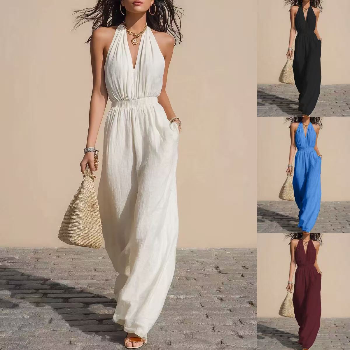 JYF Halter V-Neck Fitted Wide-Leg Jumpsuit