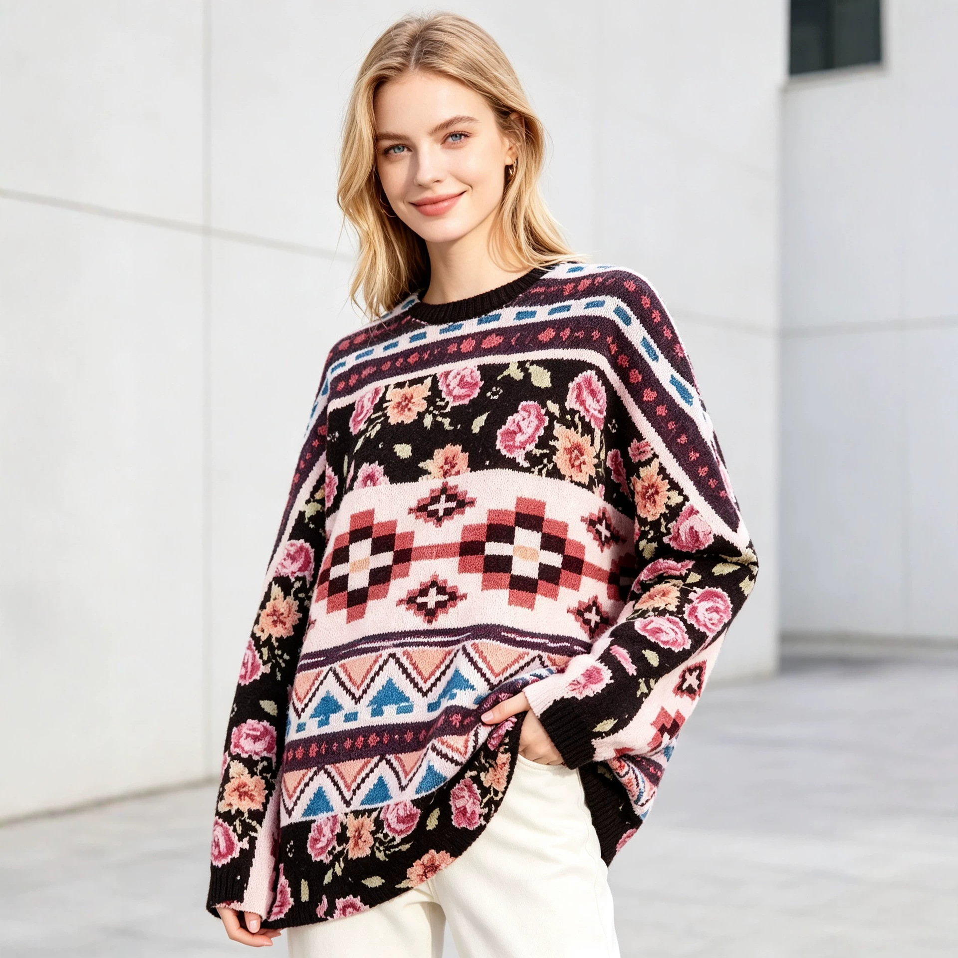 3D Christmas Print Crewneck Pullover Sweater