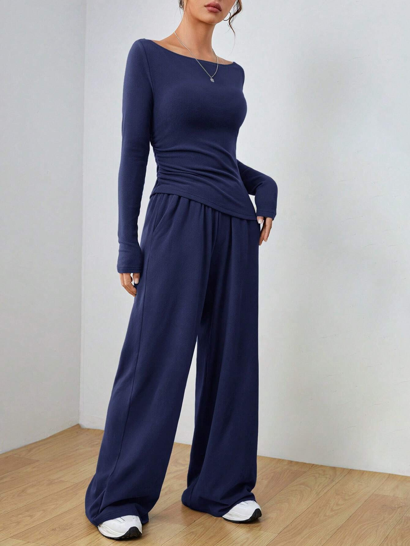 Women's Solid Color Long Sleeve Wide-Leg Pants Two-Piece Set