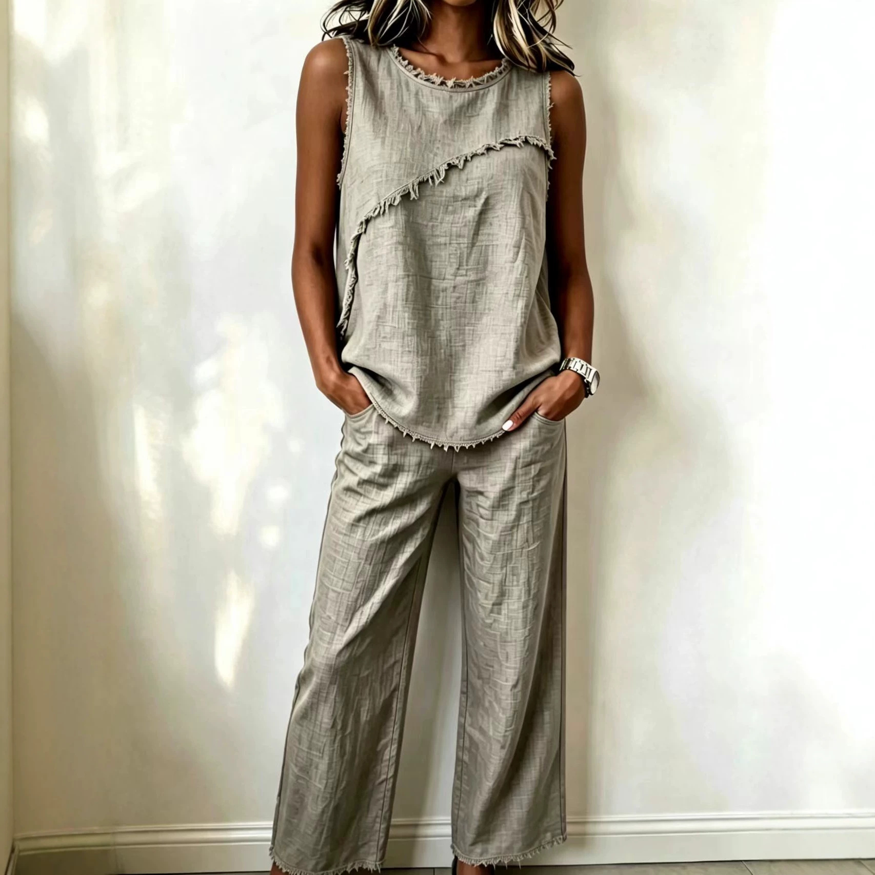 Women's Sleeveless Fringe Trim Top & Wide-Leg Pants Two-Piece Set