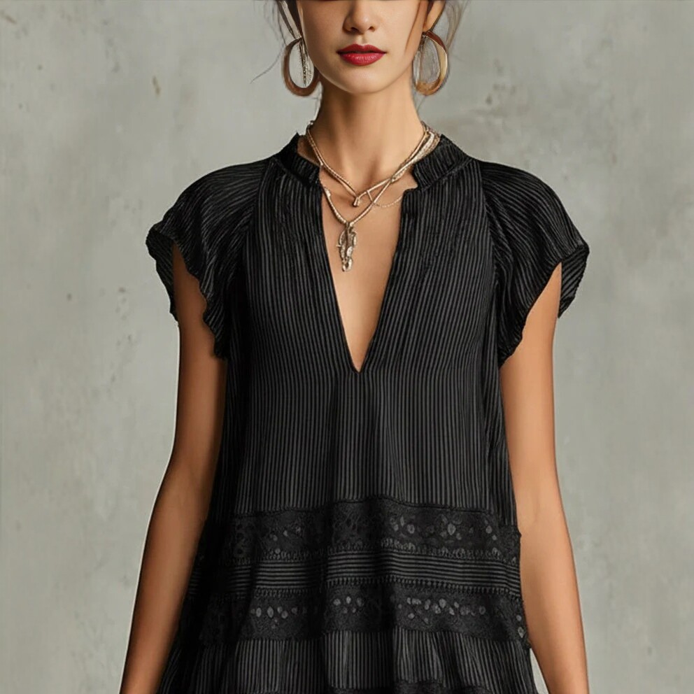 Black Striped Lace V-Neck Short Sleeve Dress