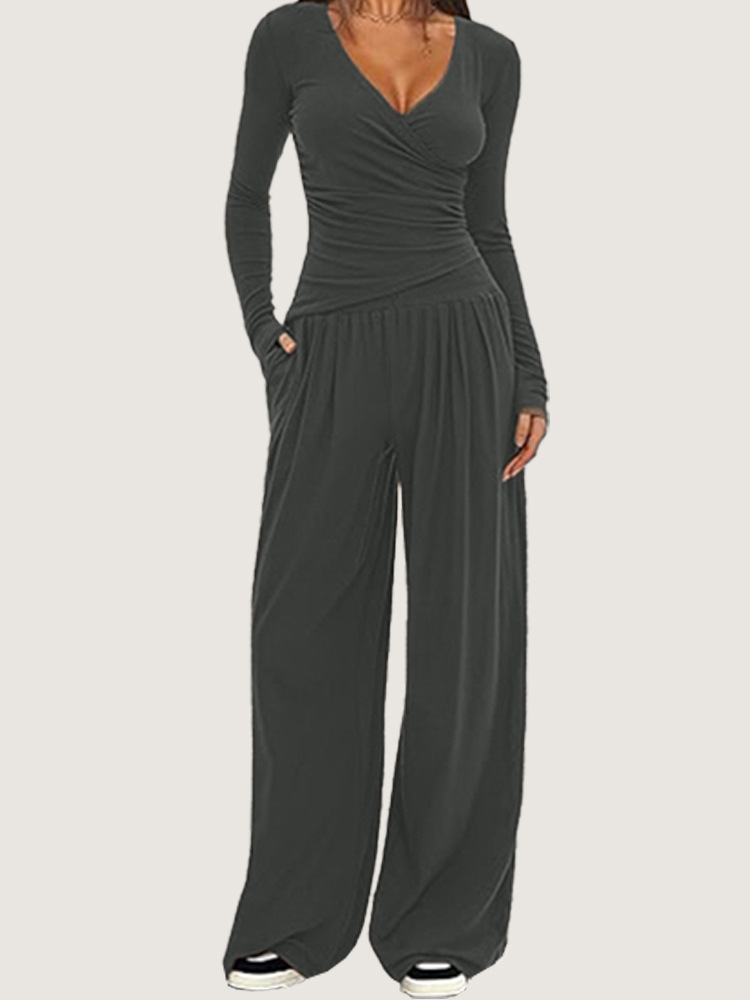 Women's Wide-Leg Pants Set Long Sleeve Solid Color Two-Piece Outfit