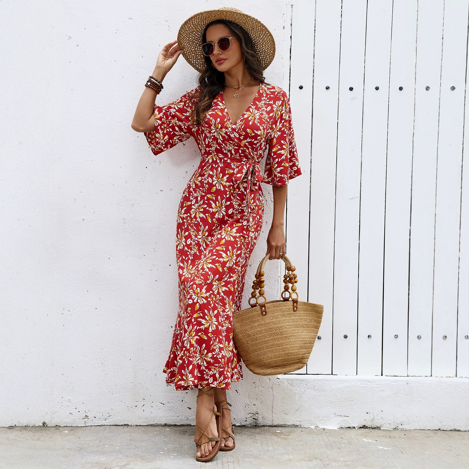 Women's Floral Print V-Neck Slit Midi Dress