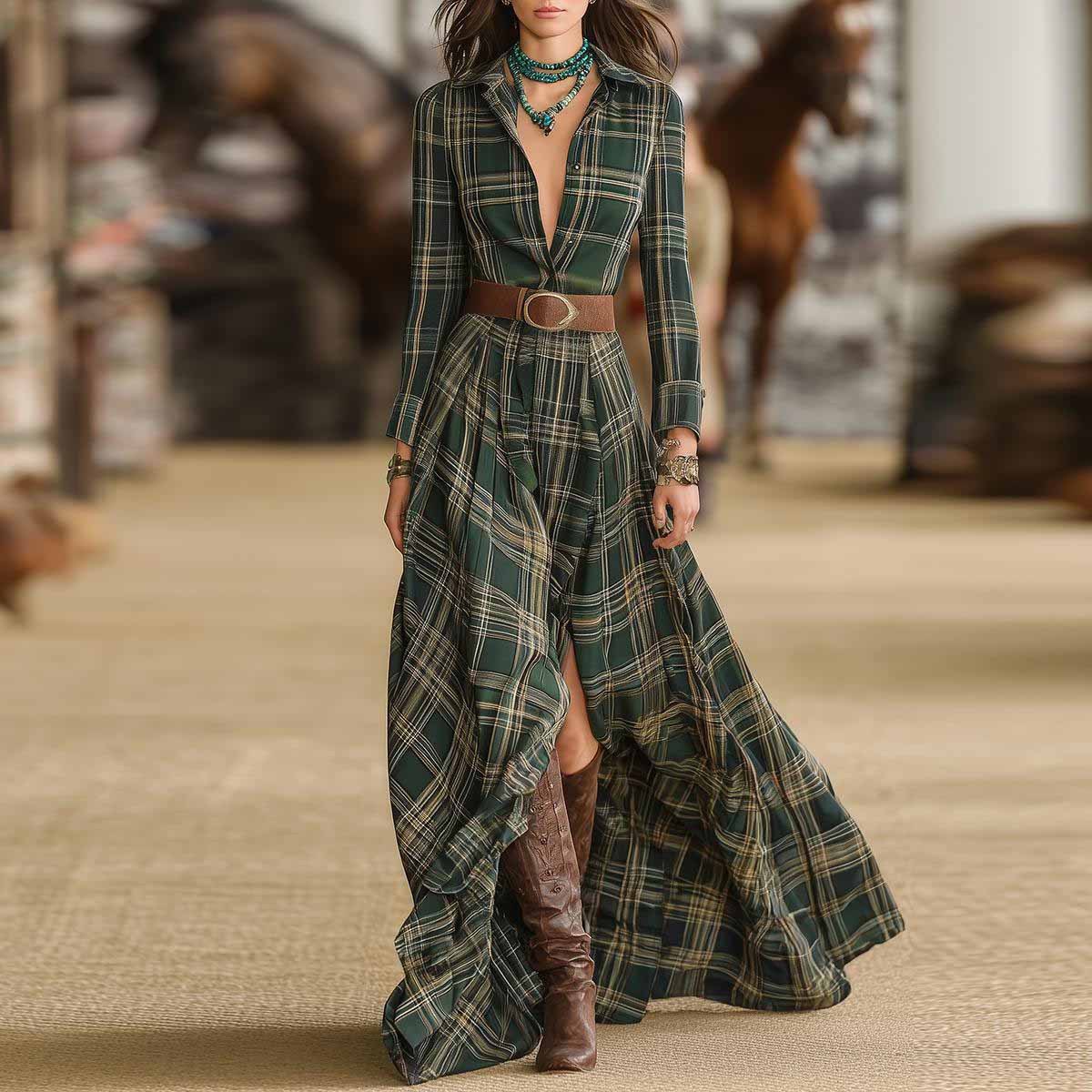 Western Plaid Shirt Collar Slim Fit Dress