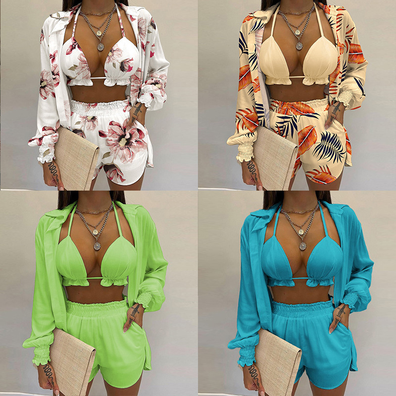 Women's Tropical Print Shorts 3-Piece Set Sexy Beach Vacation Outfit