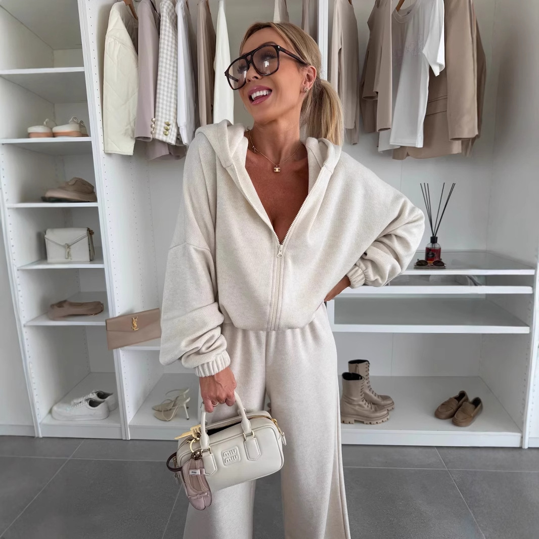 Women's Long Sleeve Hooded Zip Cardigan Sweatshirt and Elastic Waist Pants Two-Piece Set