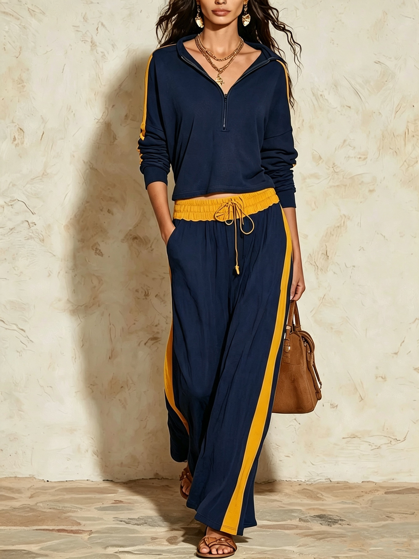 Color-Block Half-Zip Top & High-Waist Wide-Leg Pants Two-Piece Set