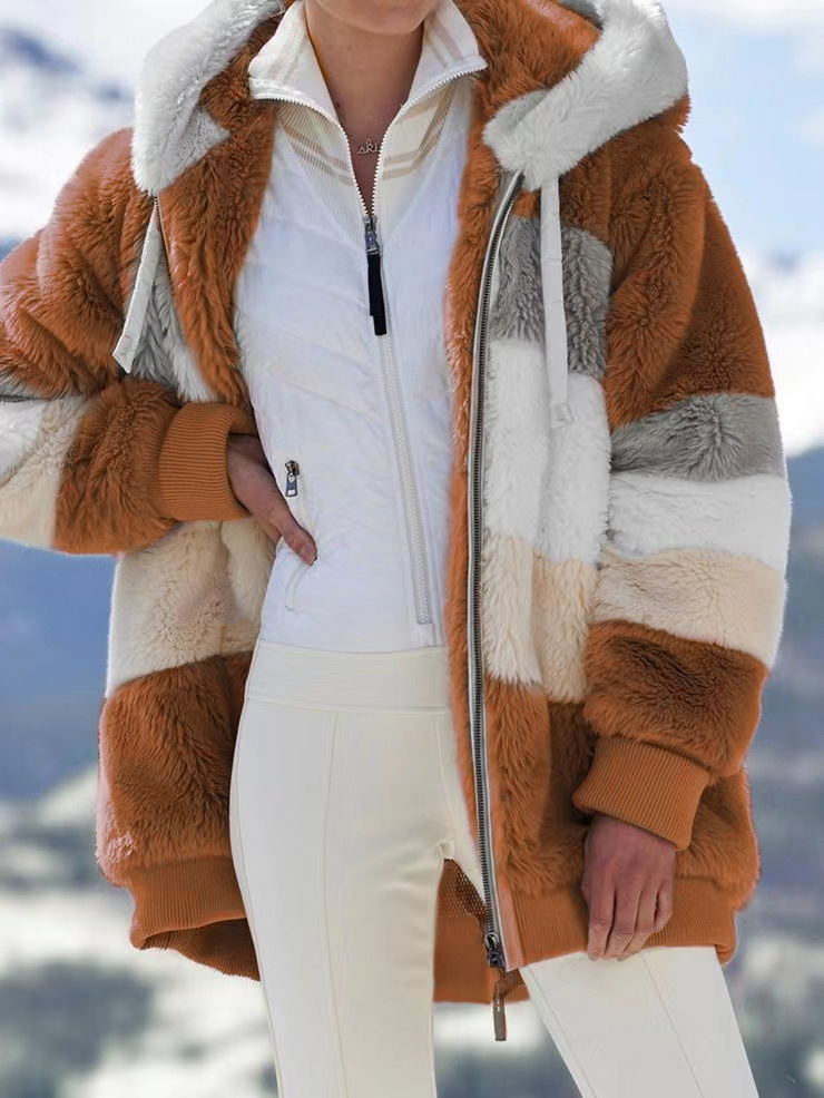 Oversized Fuzzy Fleece Colorblock Zip Hooded Coat