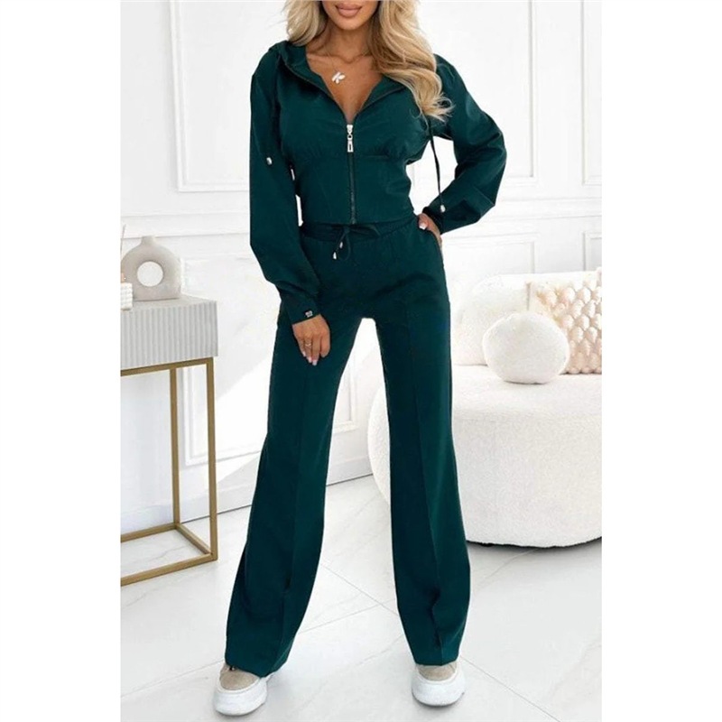 Hooded Zip Jacket and Pants Two-Piece Set Slim Solid Color