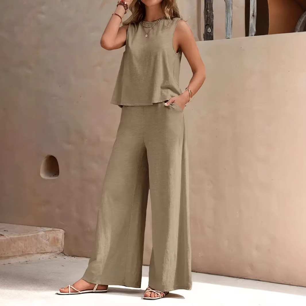Two-Piece Sleeveless Crewneck Tank Top and Wide-Leg Pants Set Solid Color