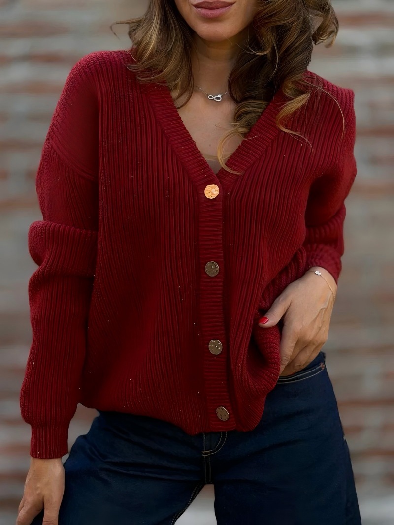 V-Neck Slimming Knit Cardigan Women's Long Sleeve Solid Button-Up Sweater