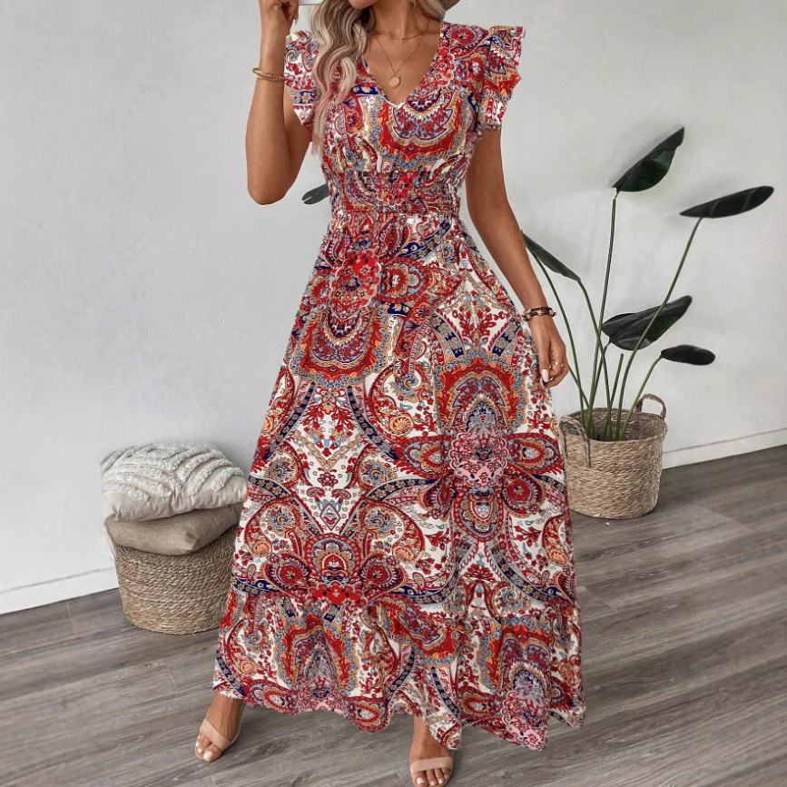 Floral Print V-Neck Ruffle Long Dress