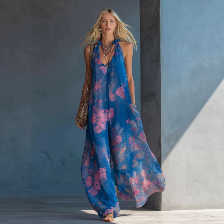 Elegant Vintage Floral Print Blue Chiffon Sleeveless Wide-Leg Jumpsuit