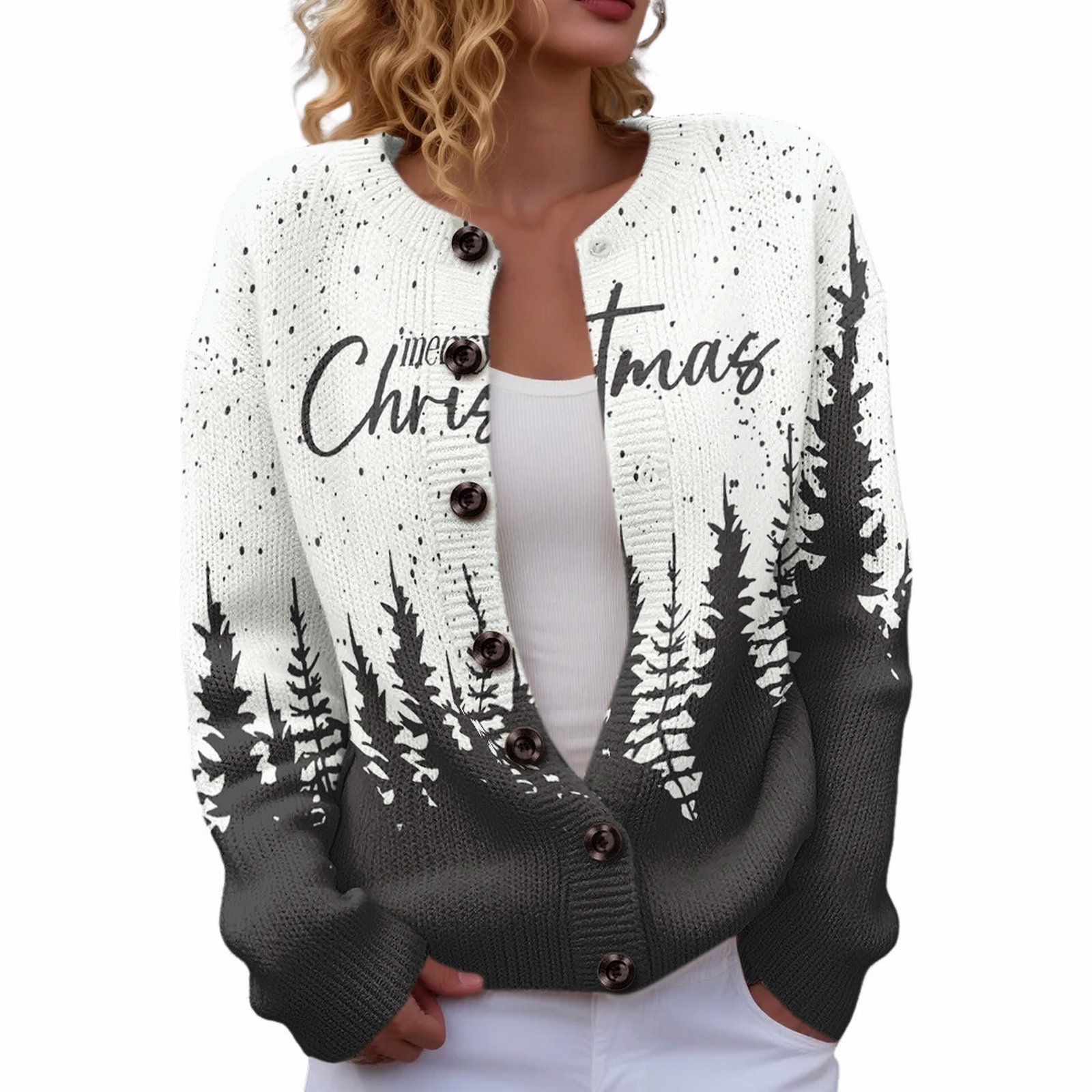 Women's Christmas Reindeer Forest Print Button Cardigan Sweater