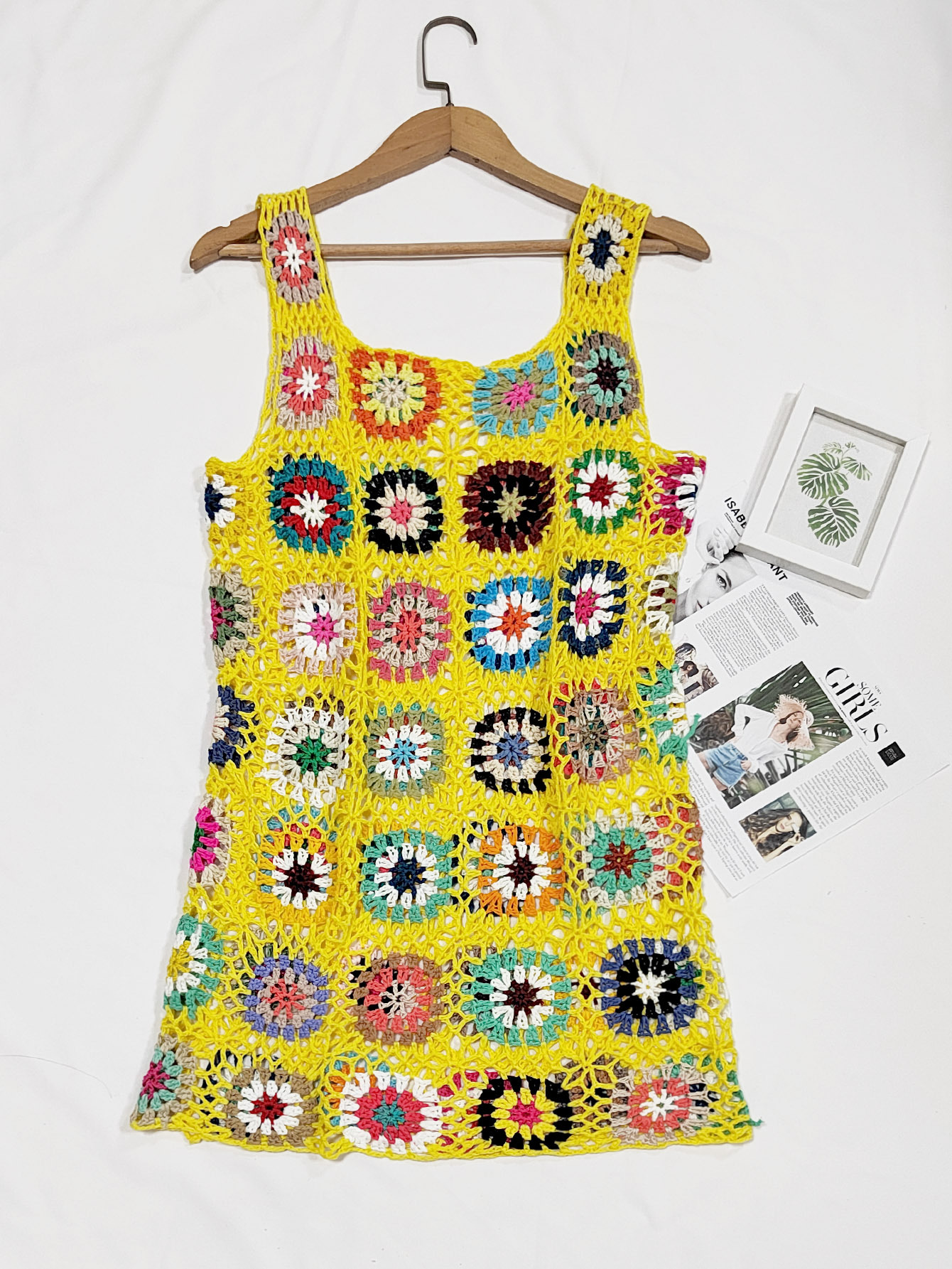 Bohemian Hand-Crocheted Hollow Out Cami Dress Sexy Diamond Grid Vest Dress