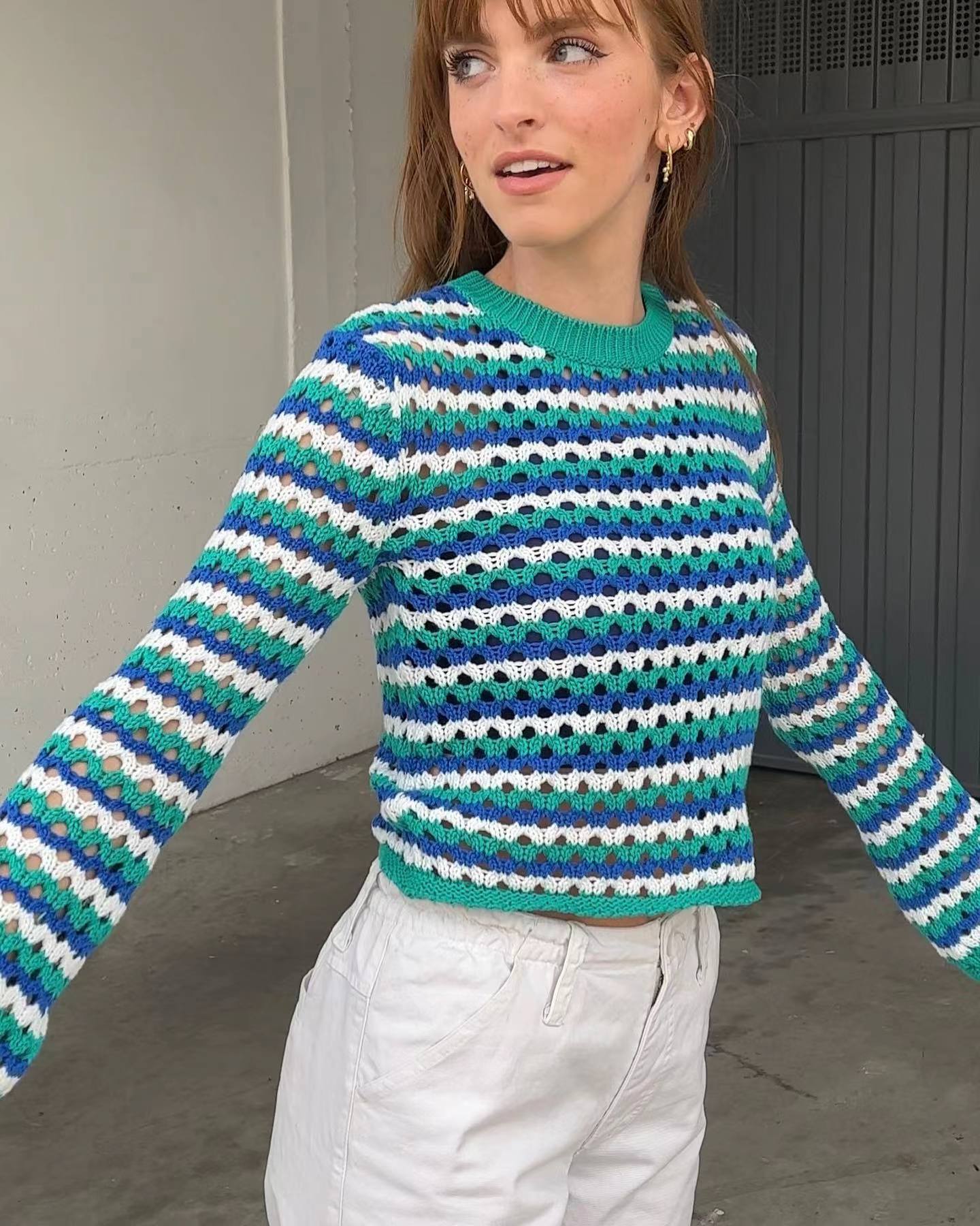 Women's Loose Hollow-Out Striped Knit Sweater with Round Neck