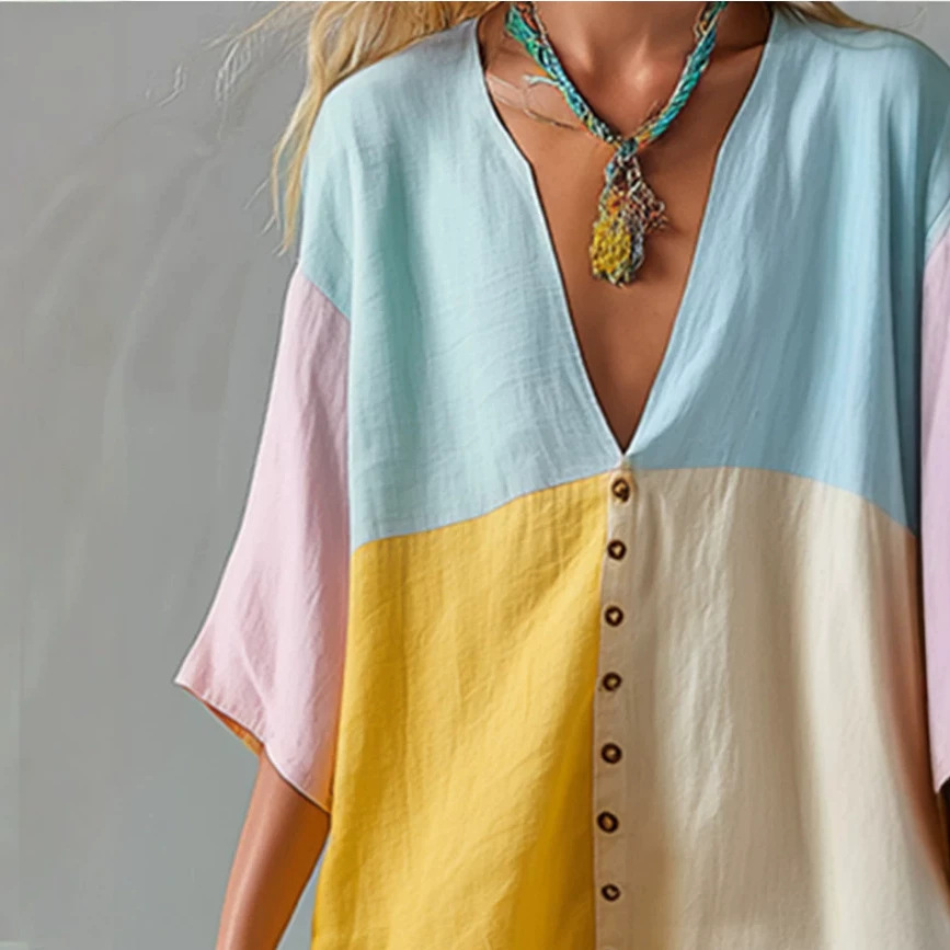 Color-Block V-Neck Loose Casual Dress
