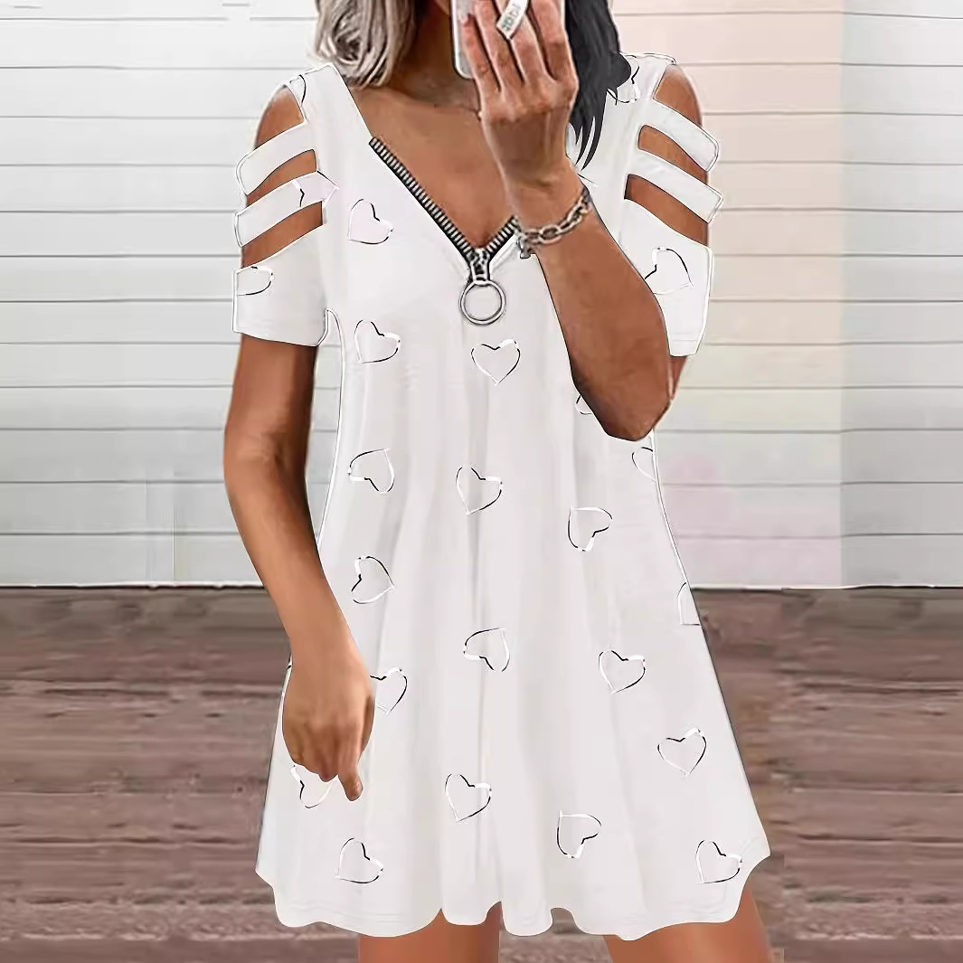 V-Neck Zip Short-Sleeve Printed Off-Shoulder Loose Casual Dress