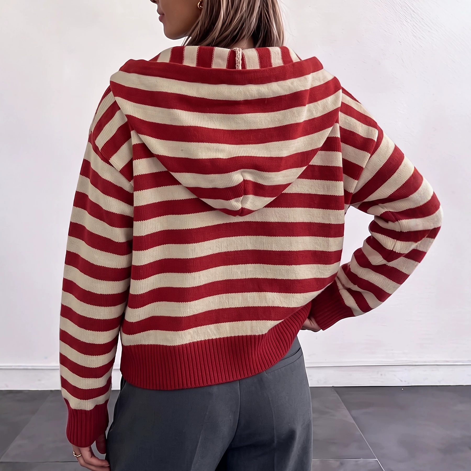 Color-Block Striped Hooded Knit Cardigan Women's Single-Breasted Long-Sleeve Ribbed Trim Casual Jacket