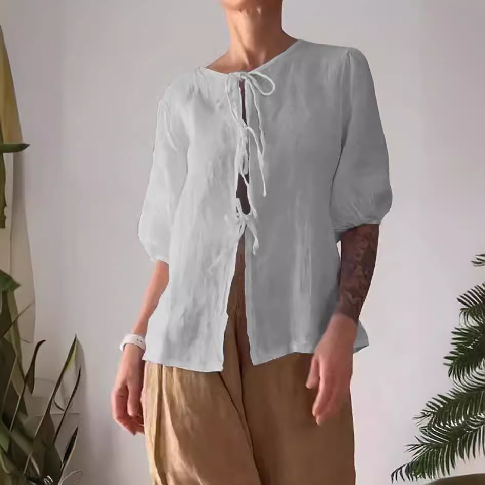 Women's Casual Solid Color Tie-Front Shirt and High-Waist Wide-Leg Pants Two-Piece Set