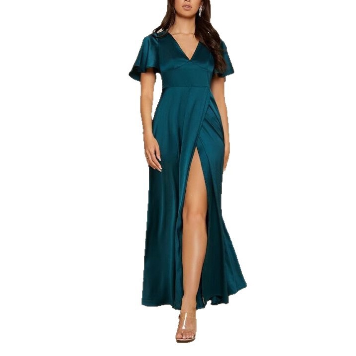 Women's Solid V-Neck Short Sleeve High Waist Long Dress