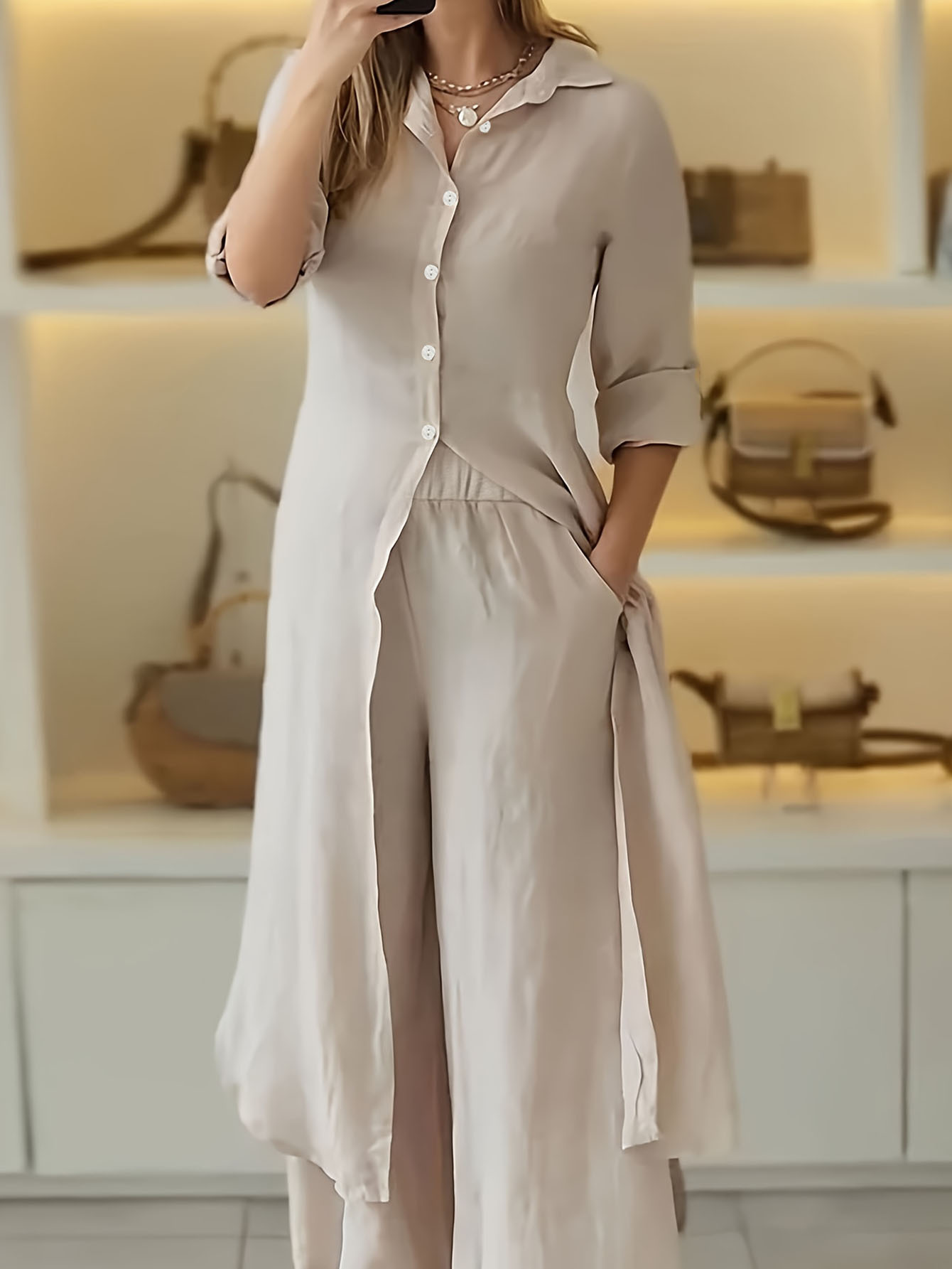 Elegant Solid Color Slit Button-Front Long Shirt and Casual Pants Set