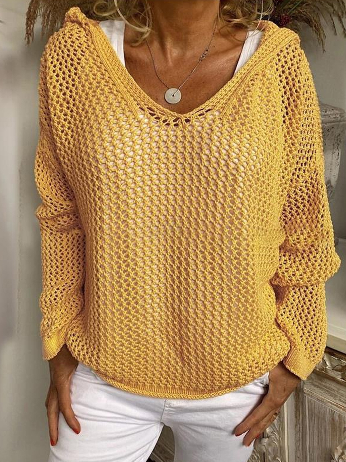 Hooded Knit Sun Protection Top Lightweight Loose Pullover