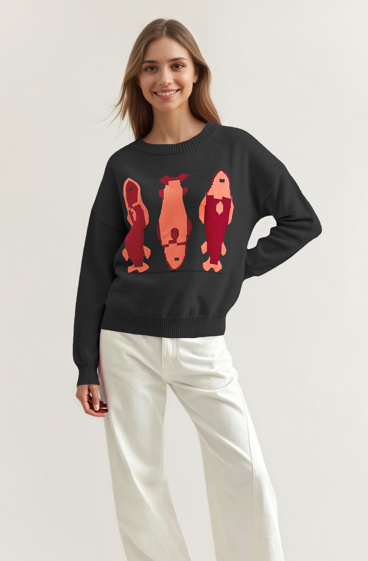 Women's Loose Crewneck Jacquard Knit Sweater