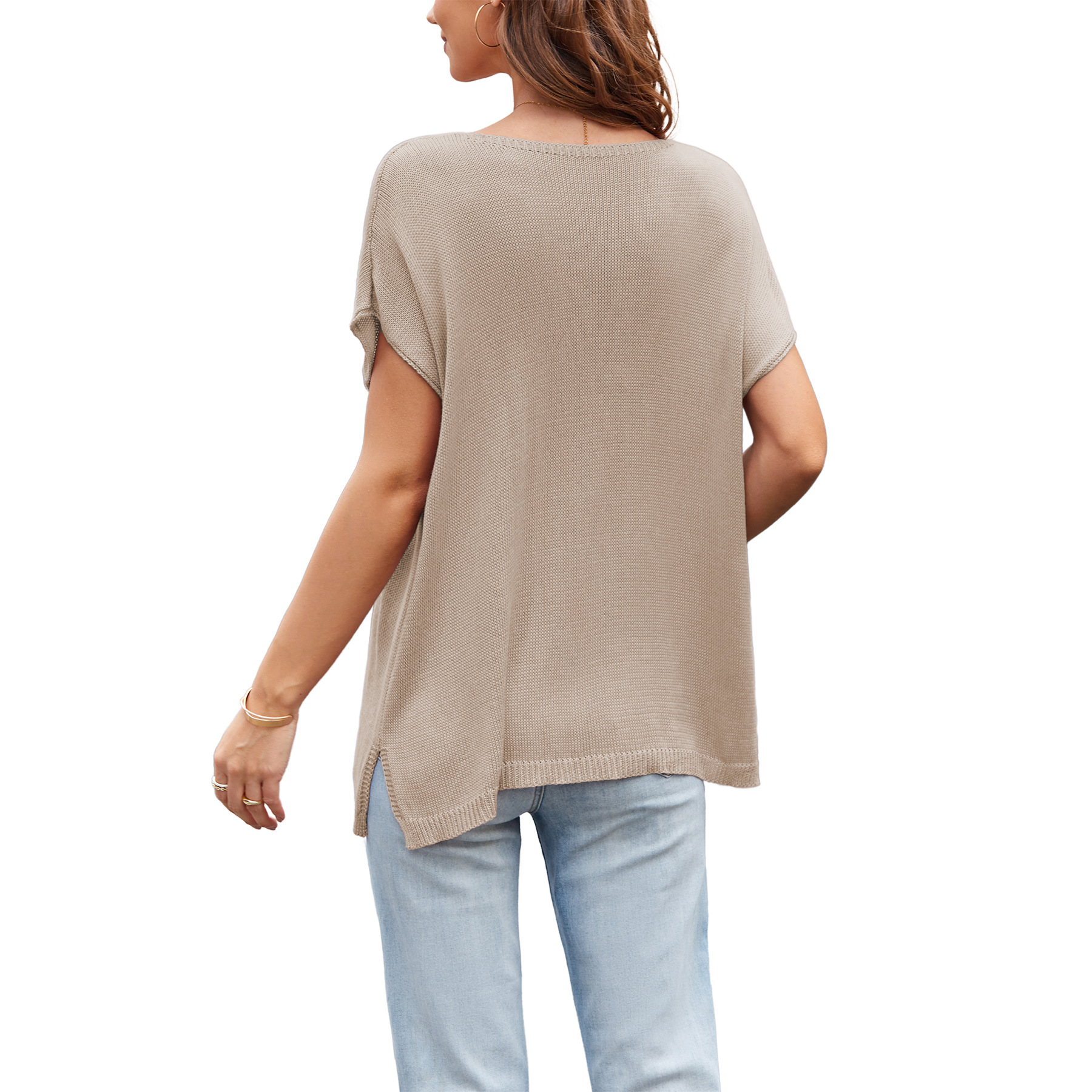 V-Neck Slit Short-Sleeve Loose Plus-Size Pullover Knit Top
