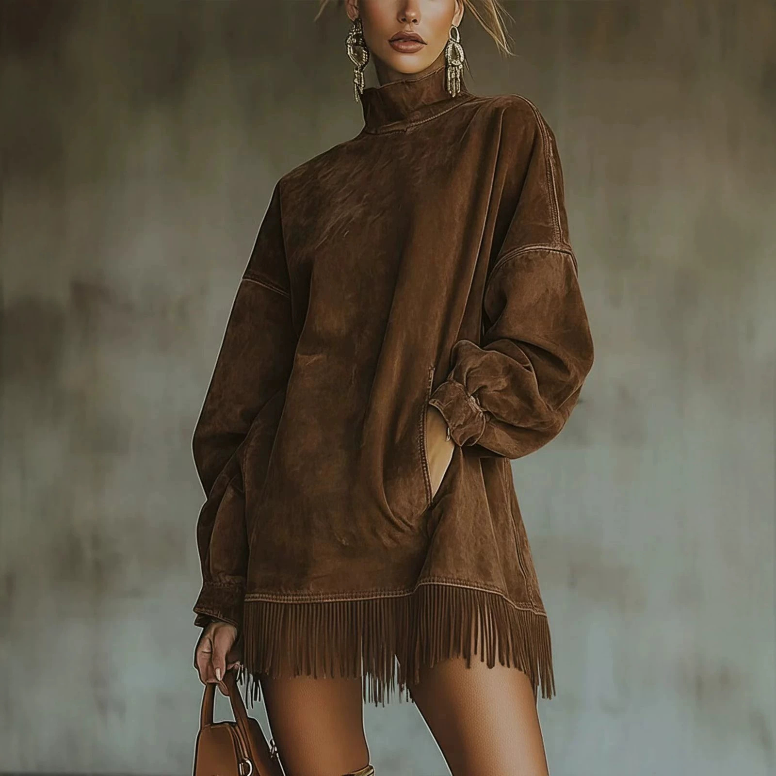 High Neck Faux Suede Tassel Long Sleeve Dress