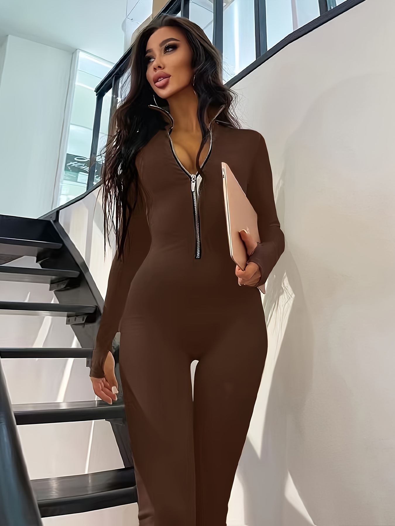 Women's Long Sleeve Metal Zip Jumpsuit