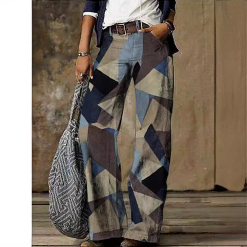 Cable-Knit Wide-Leg High-Waist Cotton Pants Vintage Blue