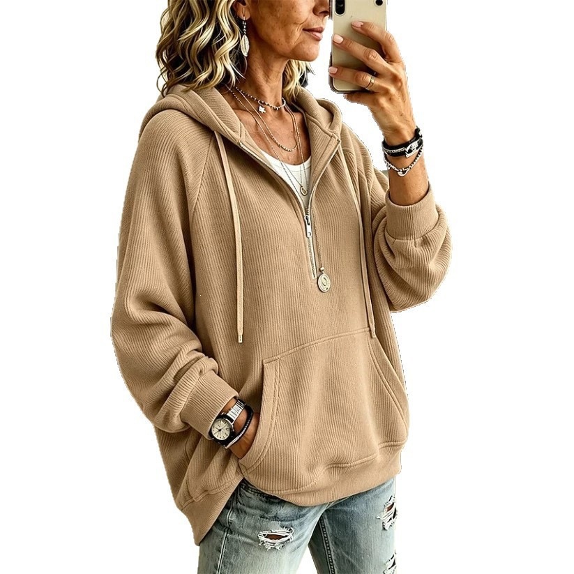Women's Corduroy Hooded Pullover Sweatshirt with Drawstring Pocket Half-Button