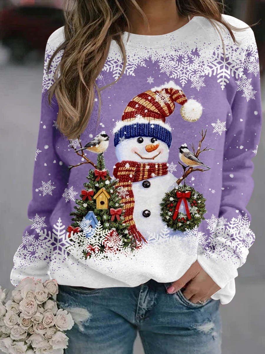 Women's Christmas Snowman Snowflake Print Crewneck Sweatshirt